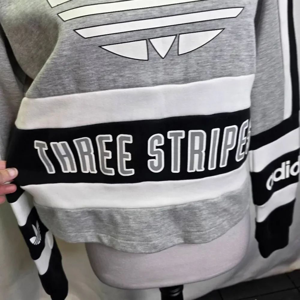 Adidas Gray and Black Logo Three Stripe Cropped Crewneck Sweatshirt Size Small - Picture 2 of 7